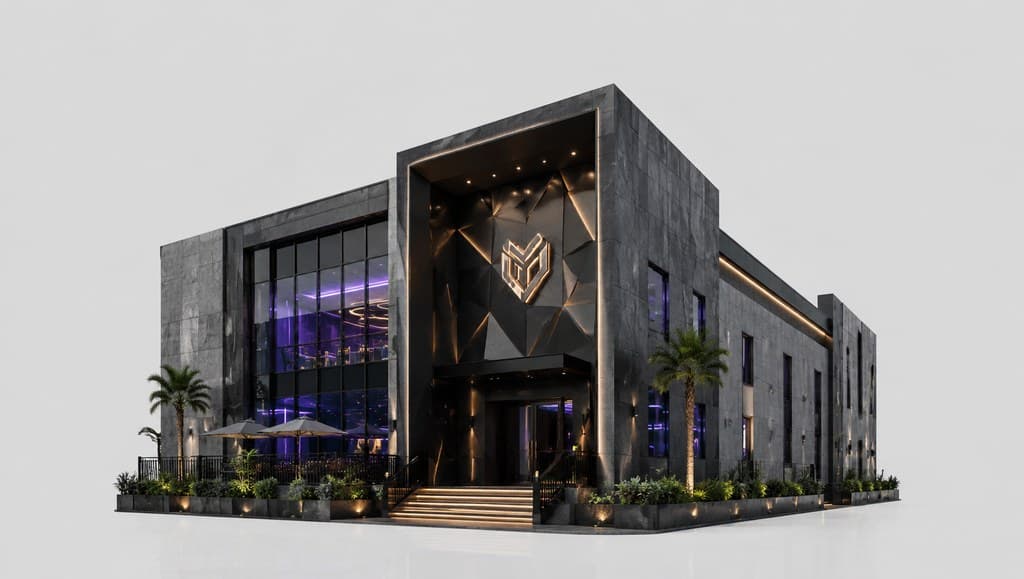 nightclub building exterior with a bold entrance and understated signage (no readable text)