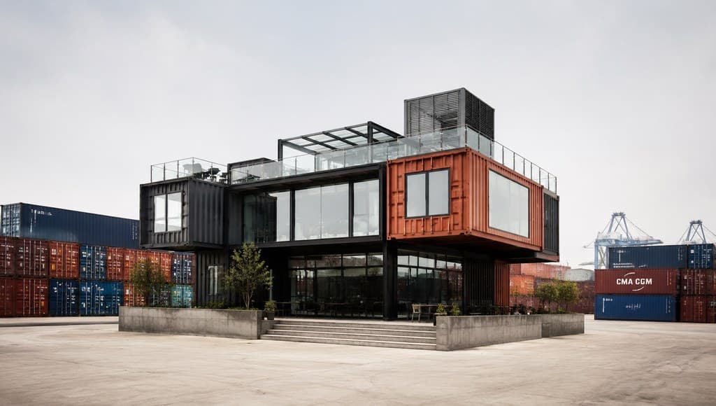 shipping port container yard exterior with stacked cargo containers
