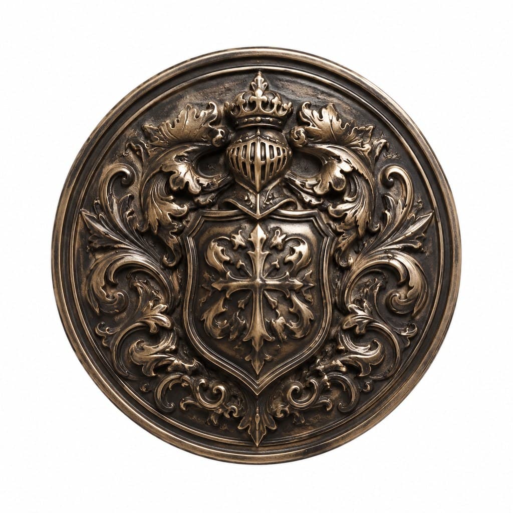 abstract engraved family crest medallion (no real-world insignia)
