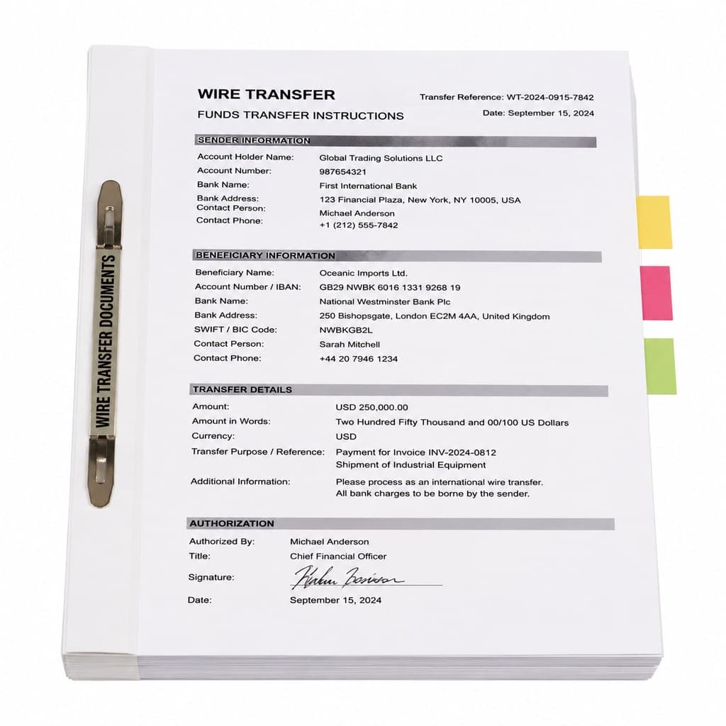 money-laundering wire transfer document stack