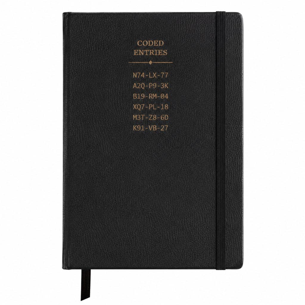 leather-bound black notebook listing coded entries
