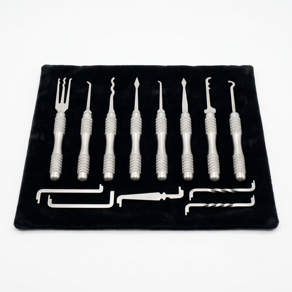 set of lock-picking tools laid out on velvet