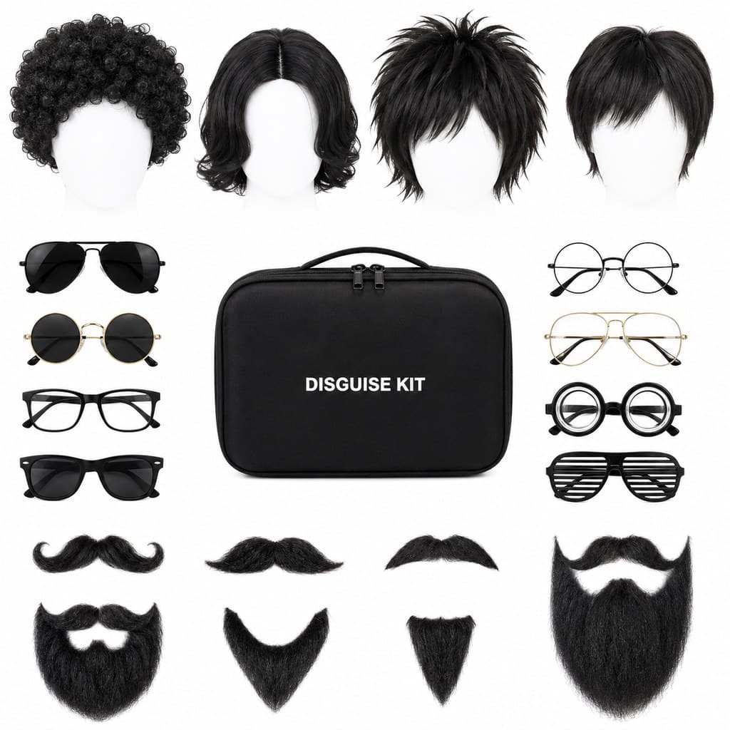 disguise kit with wigs and glasses