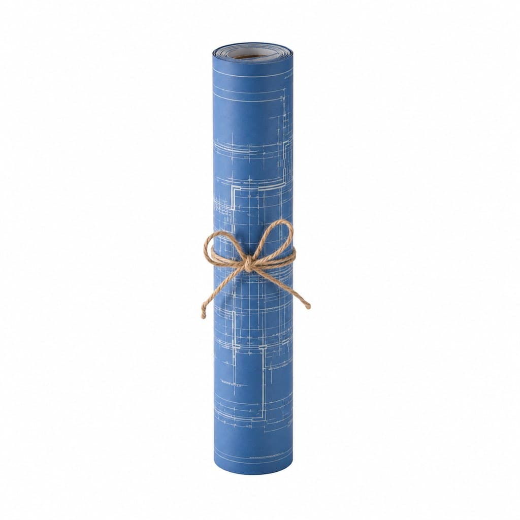 blueprint document rolled and tied with string, no readable text
