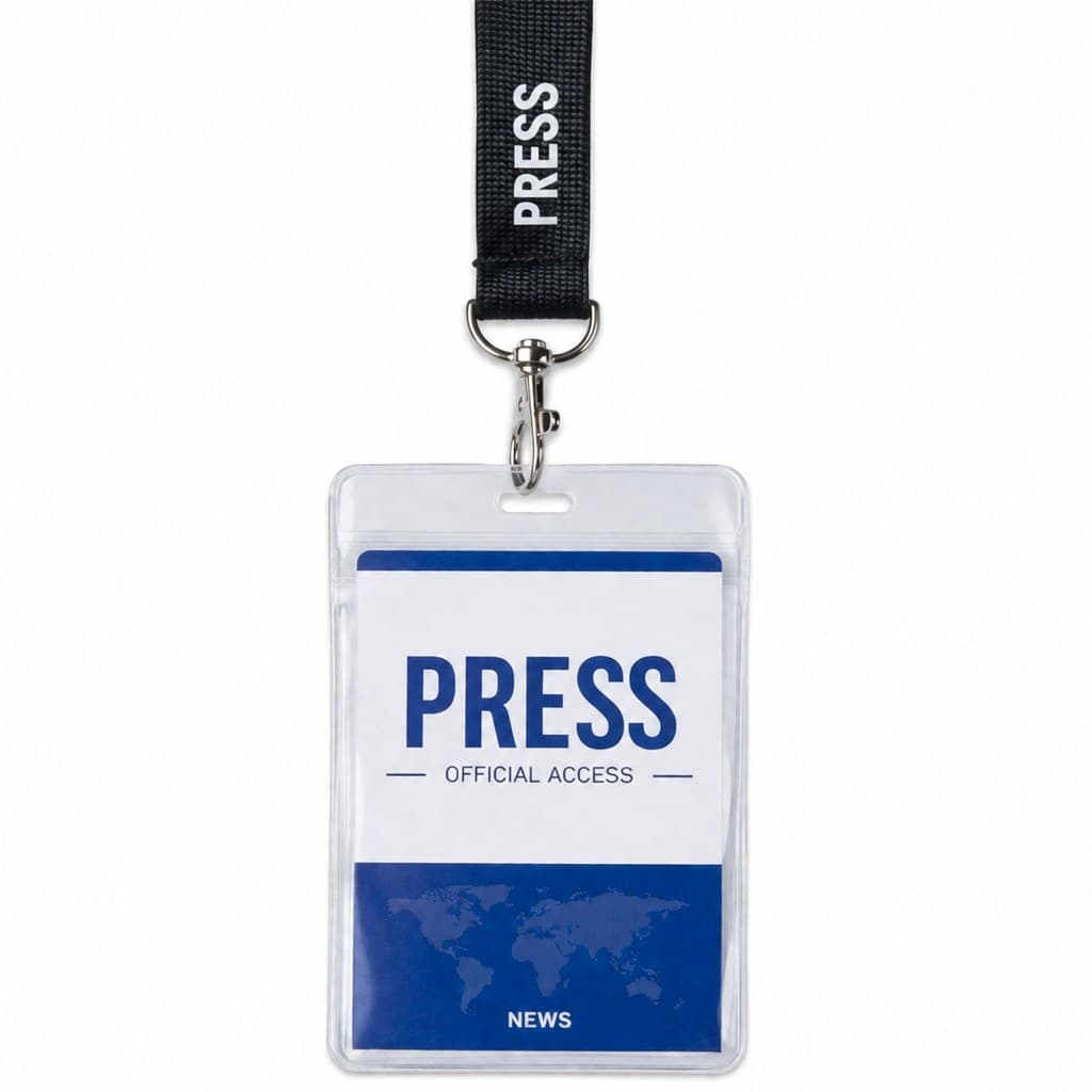 formal press badge on lanyard