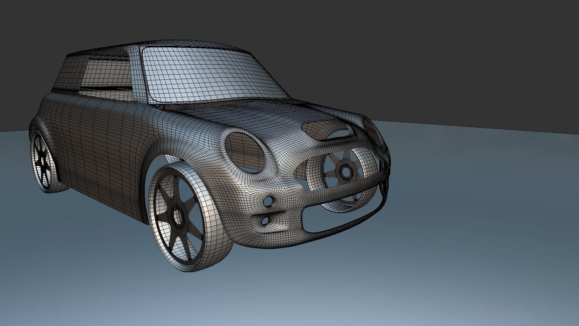 WIP Mini Cooper R53 线框模型，展示车辆结构与设计细节