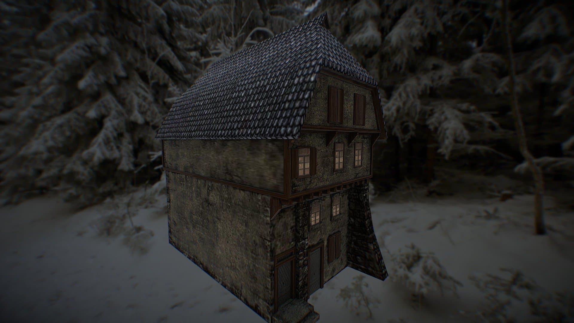 中世纪风格雪地木屋，屋顶覆盖瓦片，窗户透出暖光，周围环绕积雪森林