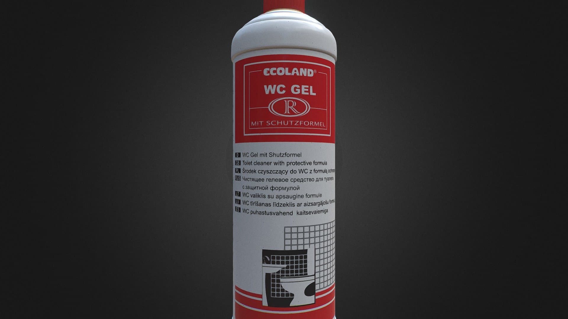 ECOLAND马桶清洁凝胶瓶，红白配色，标签多语言说明，AI生成产品图