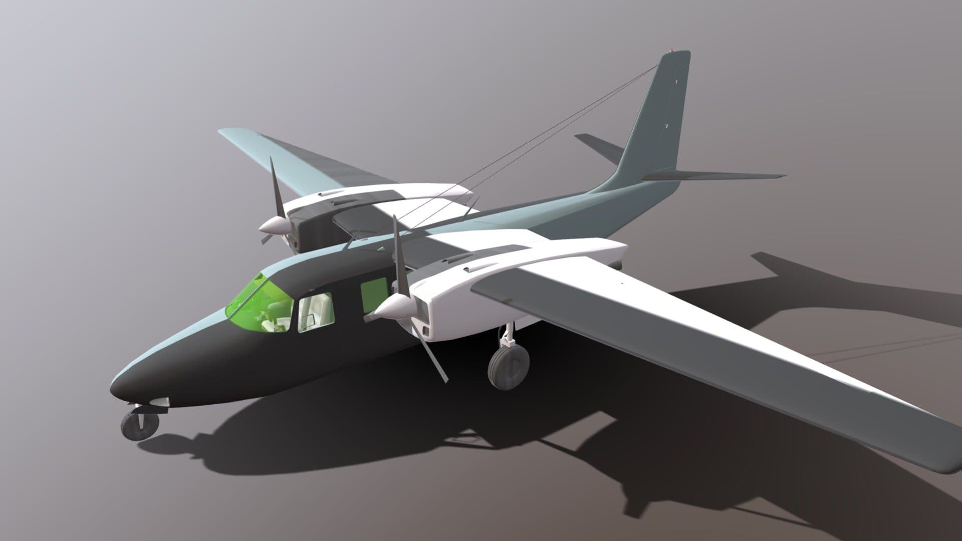 Aero Commander 500双引擎螺旋桨飞机，黑白配色，绿色驾驶舱，AI生成3D模型