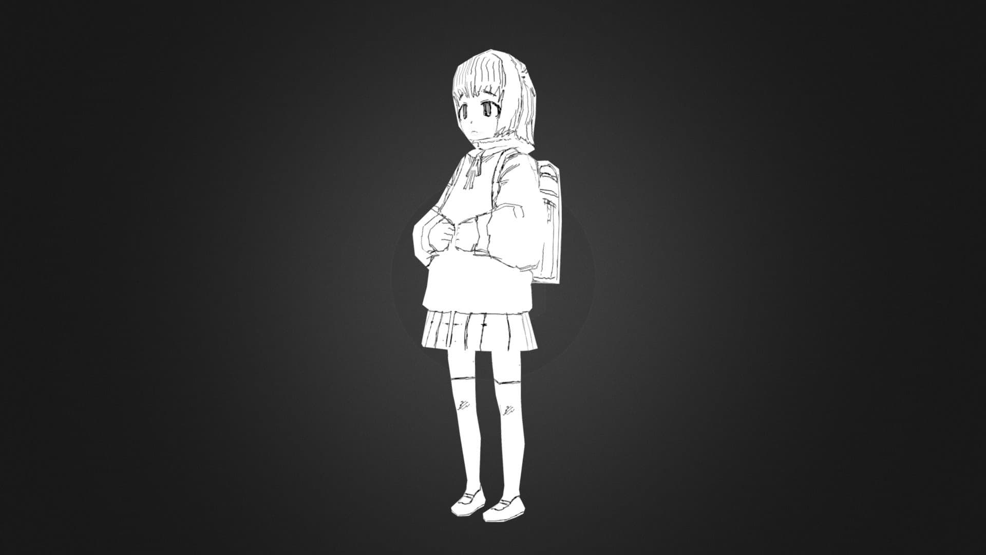 低多边形风格的小女孩，白色线条勾勒，背着书包，双臂交叉站立，简约动漫风格