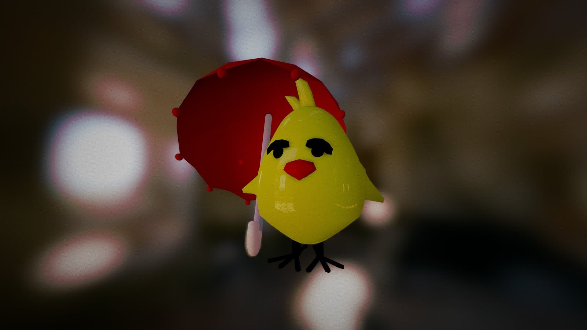 黄色小鸡手持红色雨伞，卡通风格，3D渲染