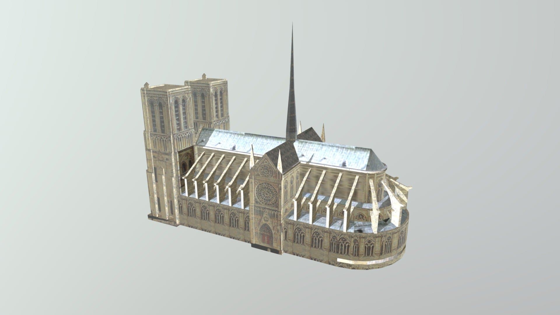 巴黎圣母院哥特式教堂3D模型，尖塔高耸，飞扶壁结构清晰