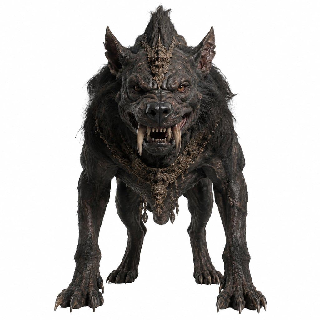 狗精戴礼真身，写实风格妖犬，獠牙利爪，商周神话异兽，3D资产参考