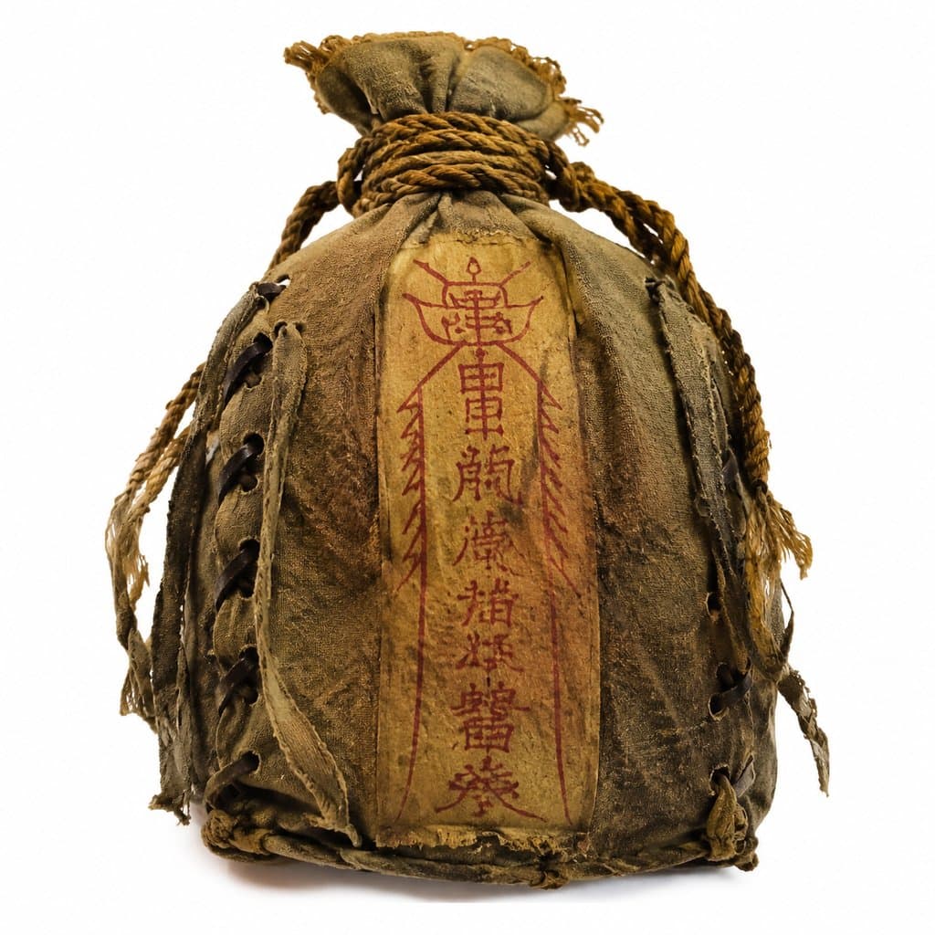 古旧布质风袋，红色符文封印，东方神话风格写实道具