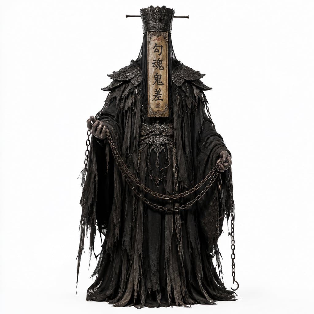 勾魂鬼差身穿黑袍，手持锁链，胸前挂有‘勾魂鬼差’牌匾，阴森神秘的东方神话写实风格形象