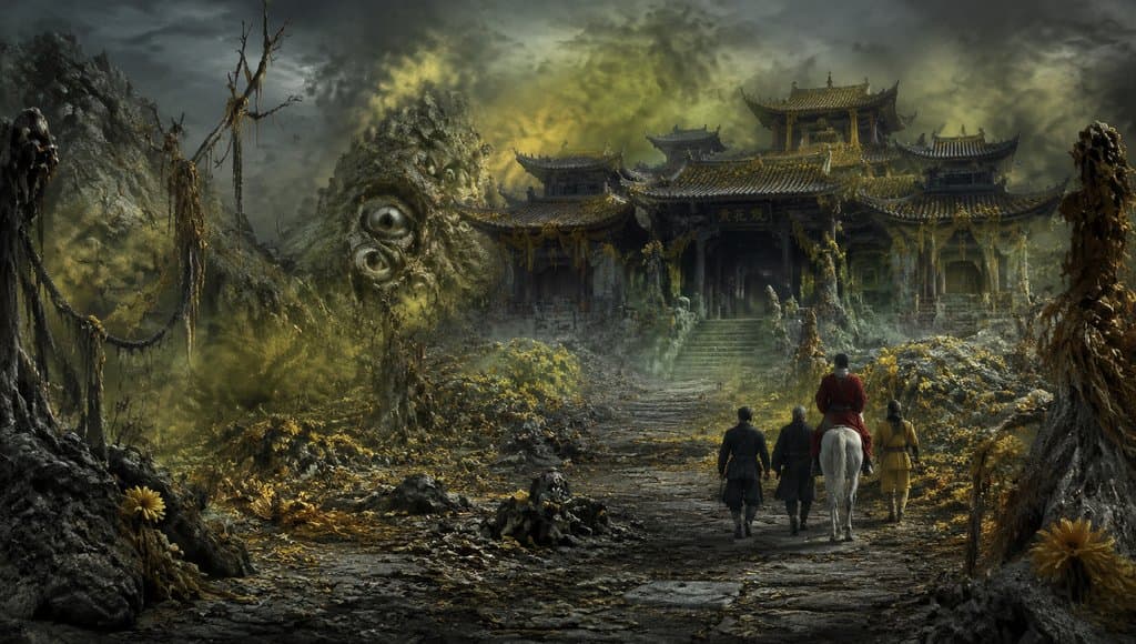 黄花观道观殿宇，毒气弥漫的妖地，东方神话写实场景，三人行于石径