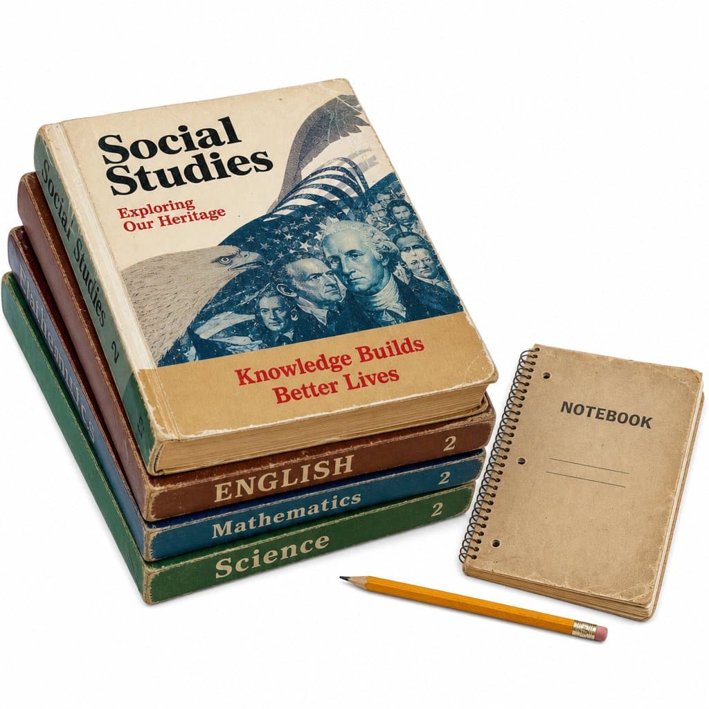 1970年代中学课本堆叠，红色标语封面，泛黄纸张，配铅笔和笔记本，复古文具道具