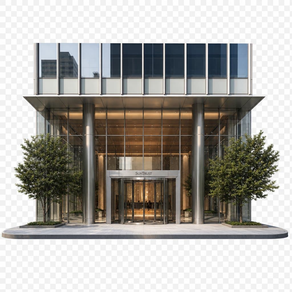 现代都市甲级写字楼，玻璃幕墙设计，简洁外立面，底层大堂入口，写实建筑风格
