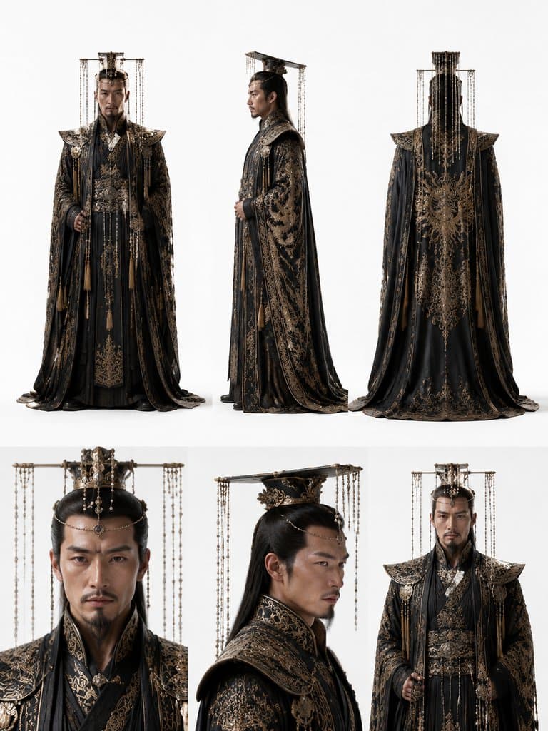 上古帝王颛顼身着玄冕帝袍，黑金纹饰，肃穆庄严，3D写实风格角色图