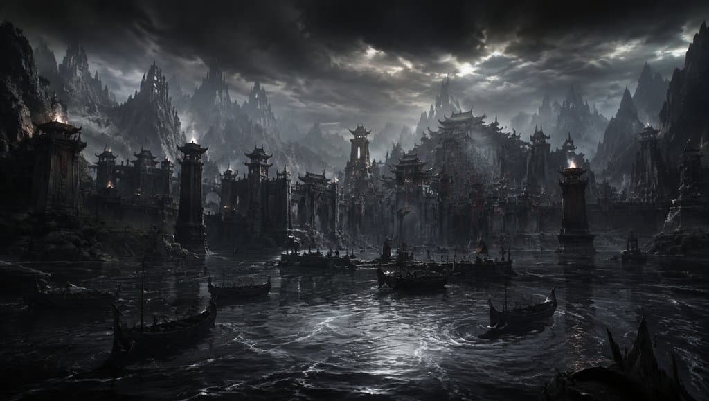 上古黑水玄都，幽暗水域环绕的阴森城邑，中式古建筑群在风暴云下若隐若现，写实风格3D场景