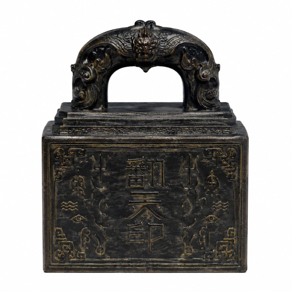 玄色方印，饰有符纹与威光，商周神话风格写实道具，3D资产参考