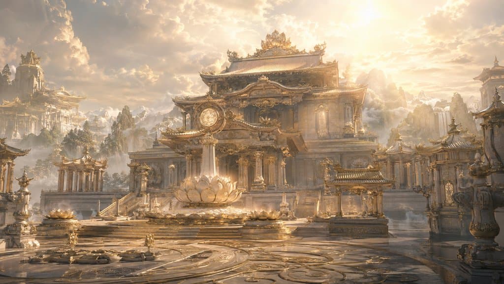 金色佛刹殿宇，莲花纹饰，东方神话写实风格