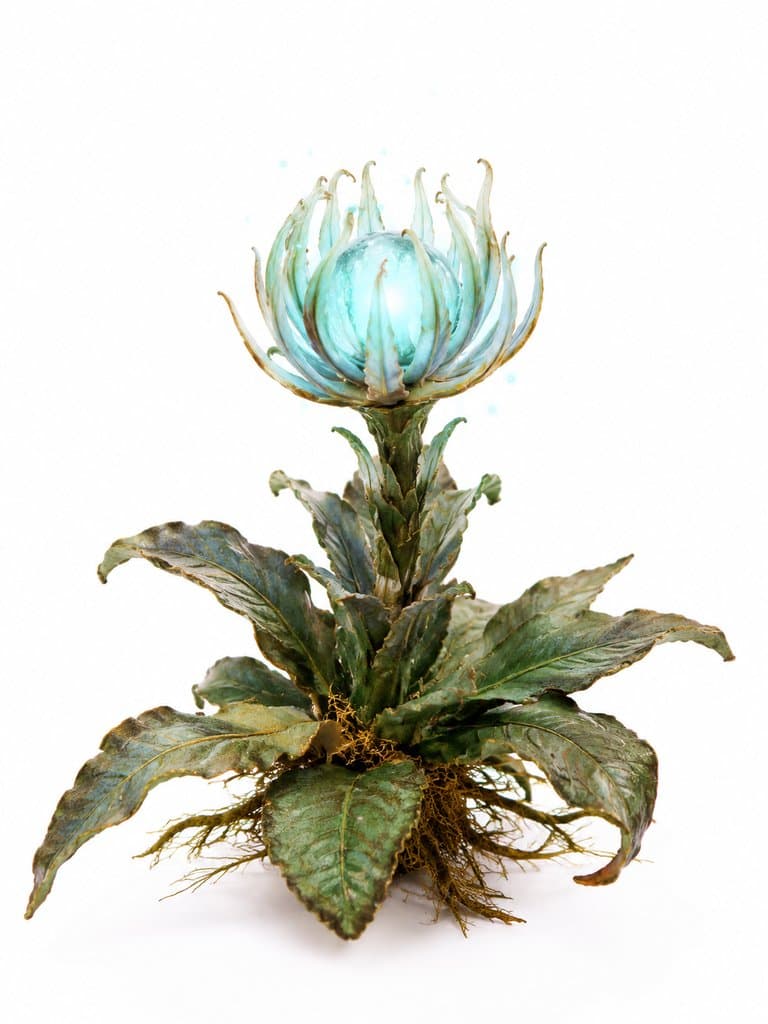 乾元山灵药莹光草株，蓝绿色发光花冠，写实风格神话植物