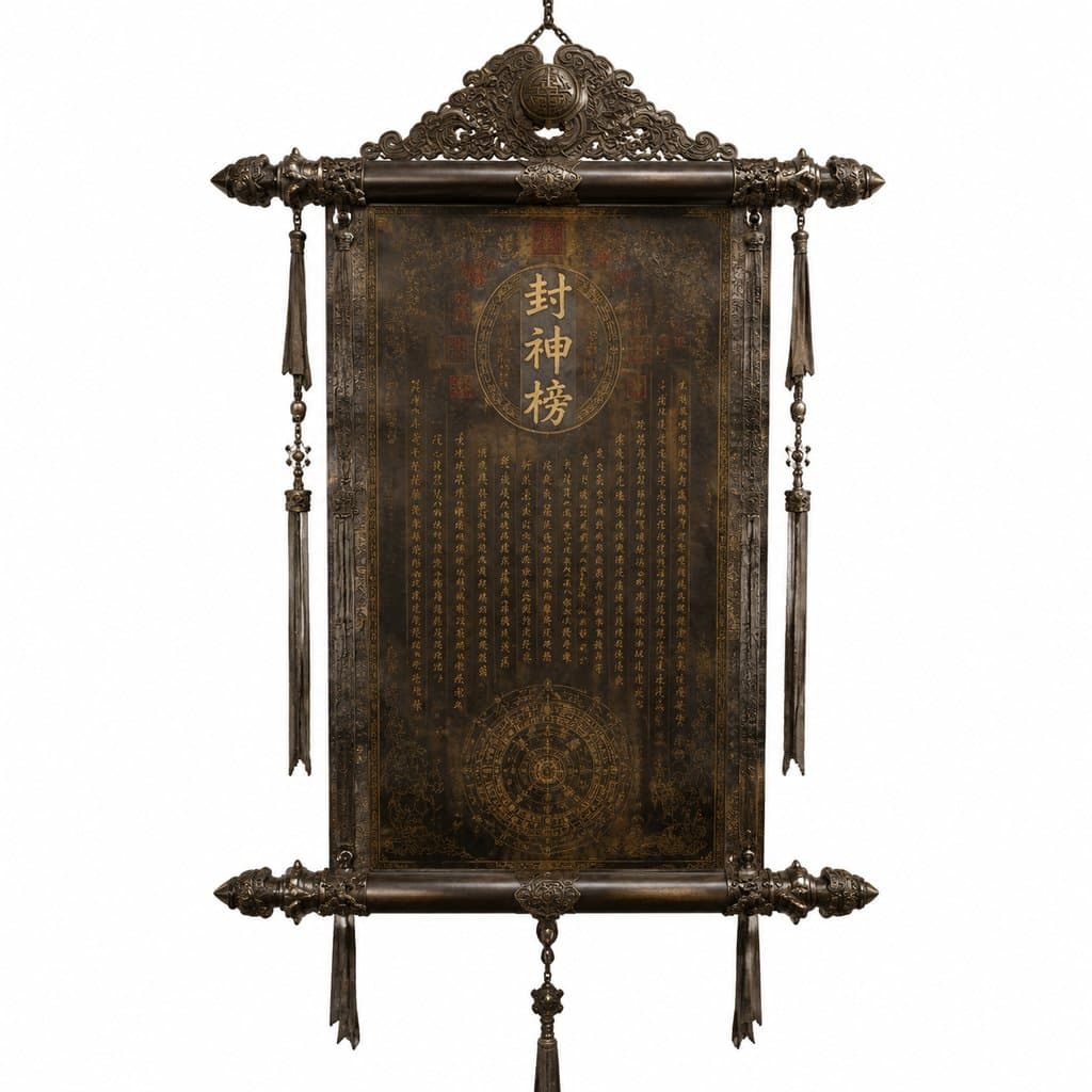 封神榜烫金卷轴，商周神话风格，写实道具，魂光符纹装饰