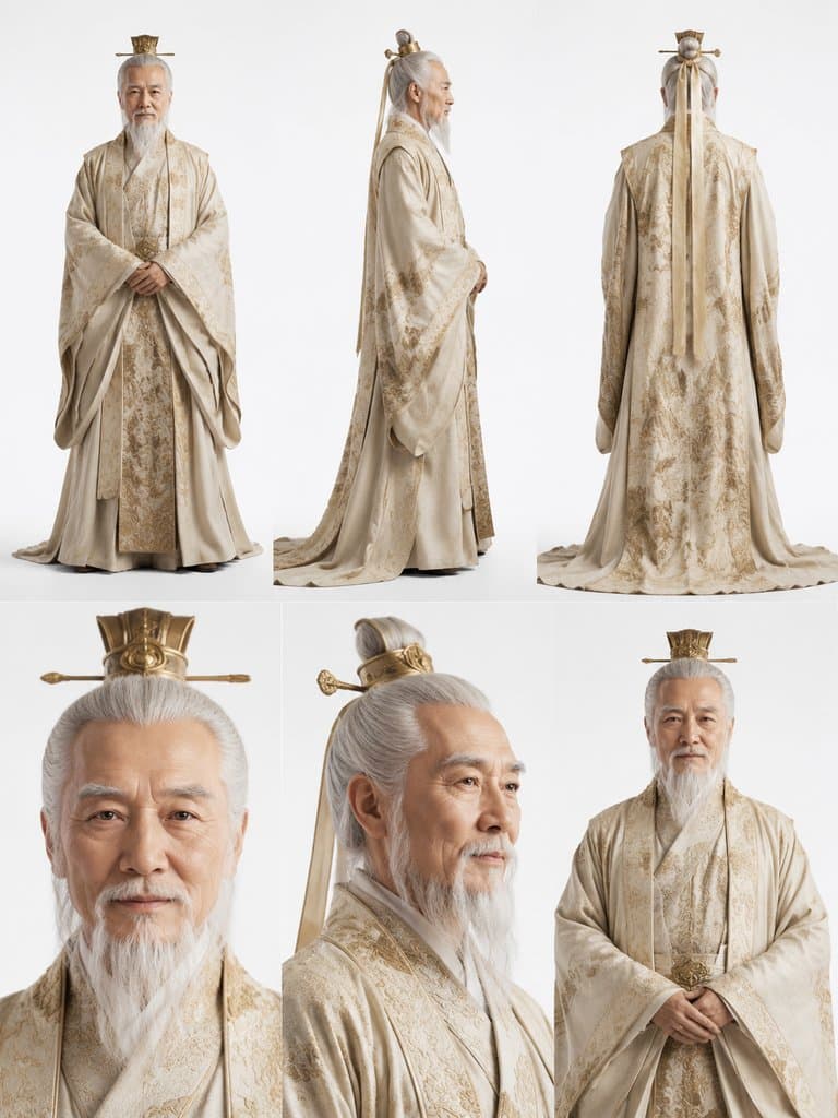 尧帝身穿素朴帝袍，白须慈和，上古洪荒写实风格3D角色图