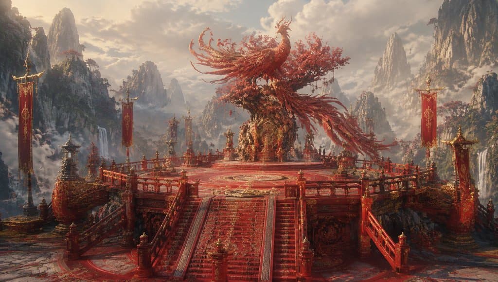 上古丹穴凤台，赤色高台中央矗立凤栖神木，祥瑞凤凰环绕，写实风格建筑