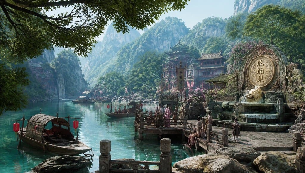 子母河畔的照胎泉，古风建筑与碧水舟楫相映，东方神话写实场景