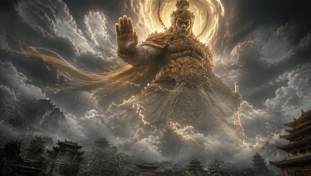 巨神法天象地，身披金甲，手持长棍，掌心发光，背景云雷翻涌，东方神话写实风格