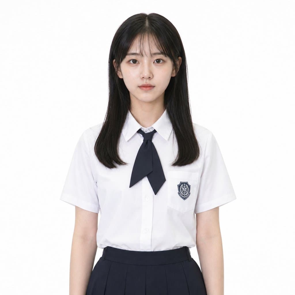1970年代城市女高中生，白皙皮肤，多层眼皮大眼，身穿白色短袖校服与深色领结，复古风格