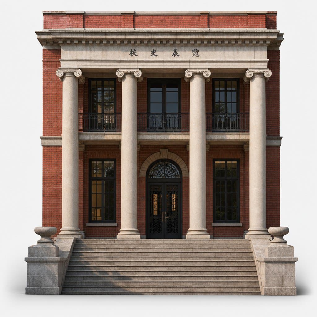 民国风格砖红大学主楼，对称廊柱与绿树掩映，写实建筑
