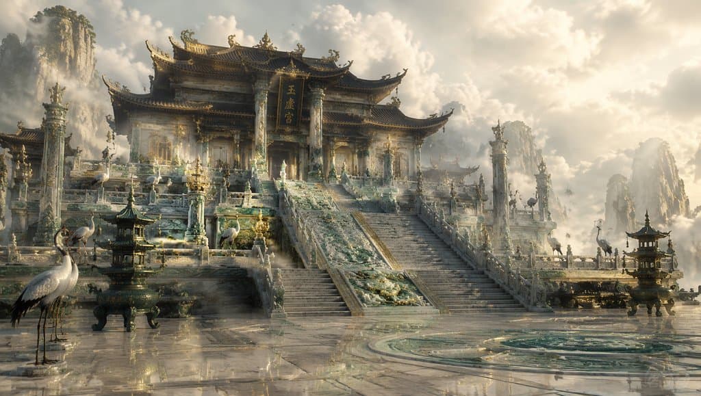 阐教仙宫广场，云阶玉栏，仙鹤环绕，缥缈仙境，商周神话写实建筑