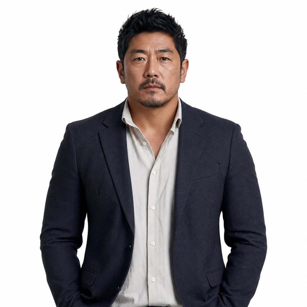 魁梧大汉身穿休闲西装，面容粗犷，现代都市律师事务所合伙人形象，写实风格