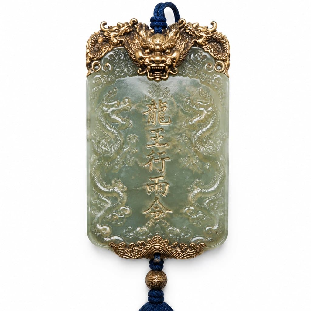 龙王行雨令牌，青玉雕龙纹，金色龙首装饰，中式神话风格