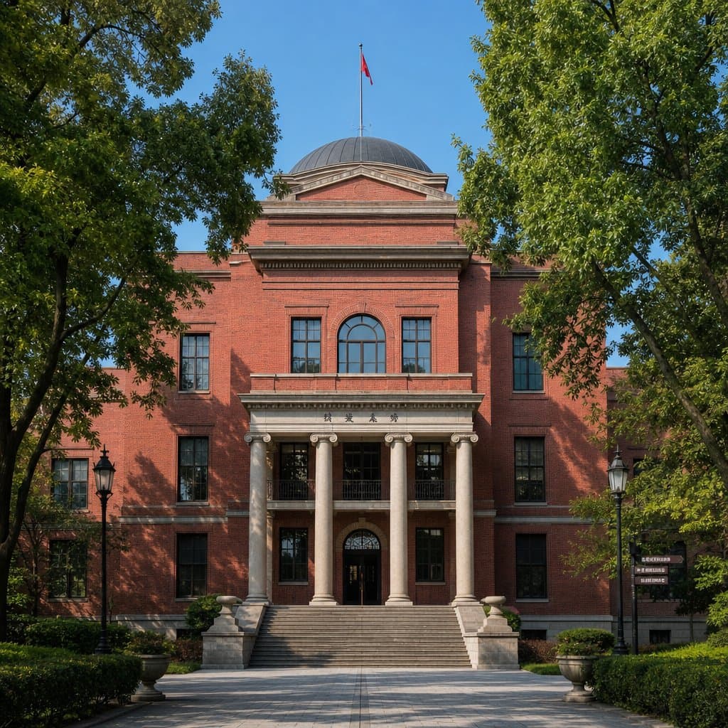 红砖大学主楼，对称廊柱，绿树环绕，民国风格建筑