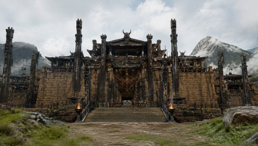 上古帝王宫阙，夯土巨阙与图腾木柱，威严写实建筑
