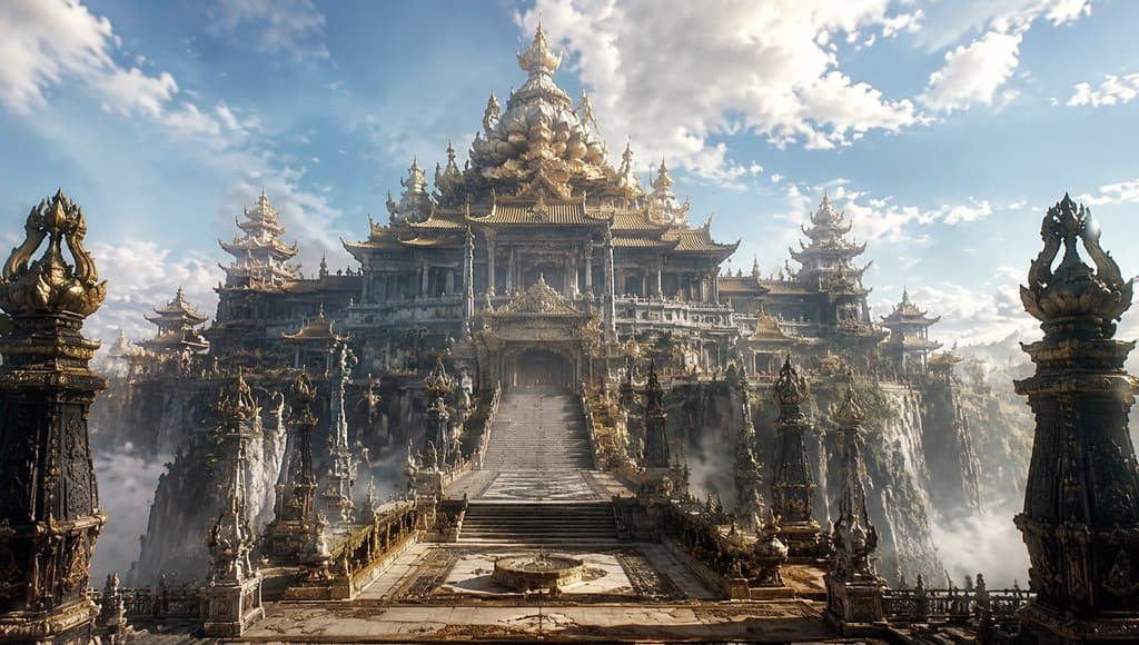 大雷音寺金顶佛刹，东方神话风格写实建筑，莲花纹装饰，云雾缭绕