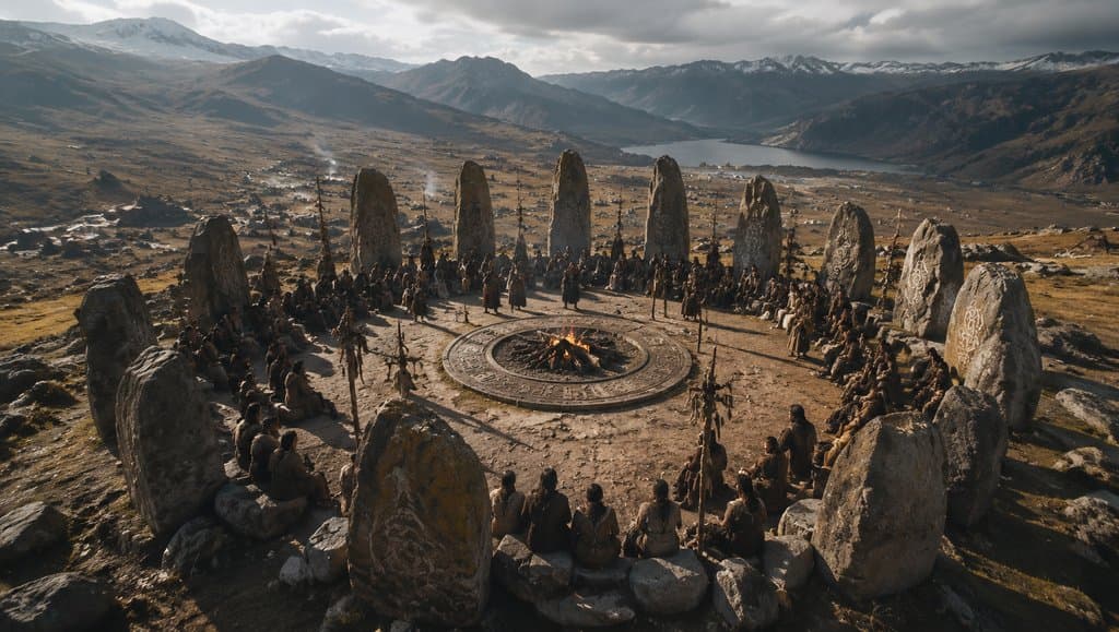 上古议事场，巨石环绕篝火，众人肃立围坐，写实风格洪荒场景
