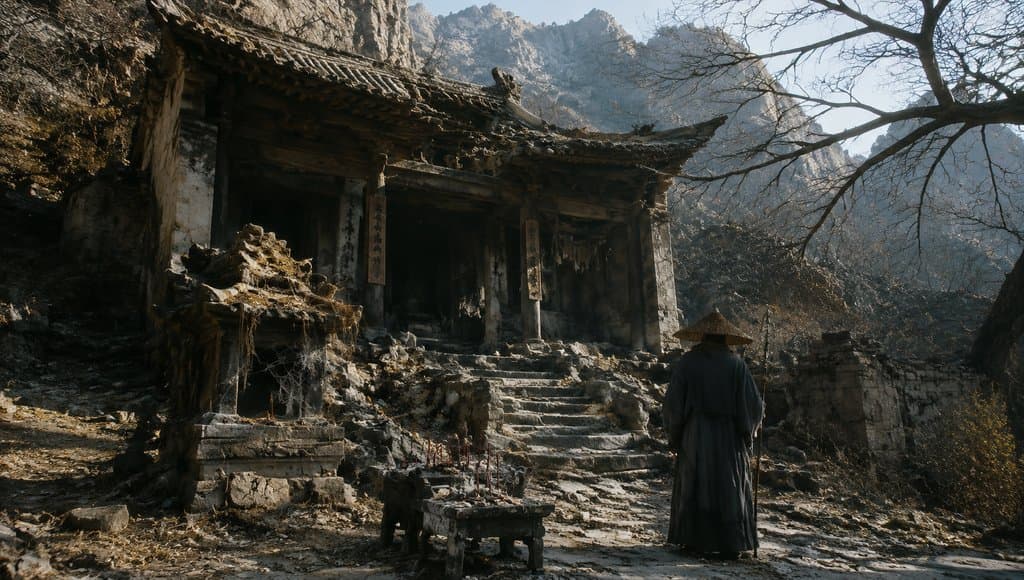 荒废古庙前，僧人背影伫立，残破神龛与蛛网烛火，阴森东方神话写实场景