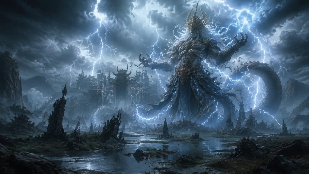 上古雷神泽，龙身雷电缠绕，震撼洪荒场景，写实风格