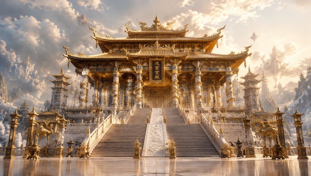 金色凌霄宝殿，重檐金顶，盘龙柱环绕，玉阶通天，东方神话写实风格建筑
