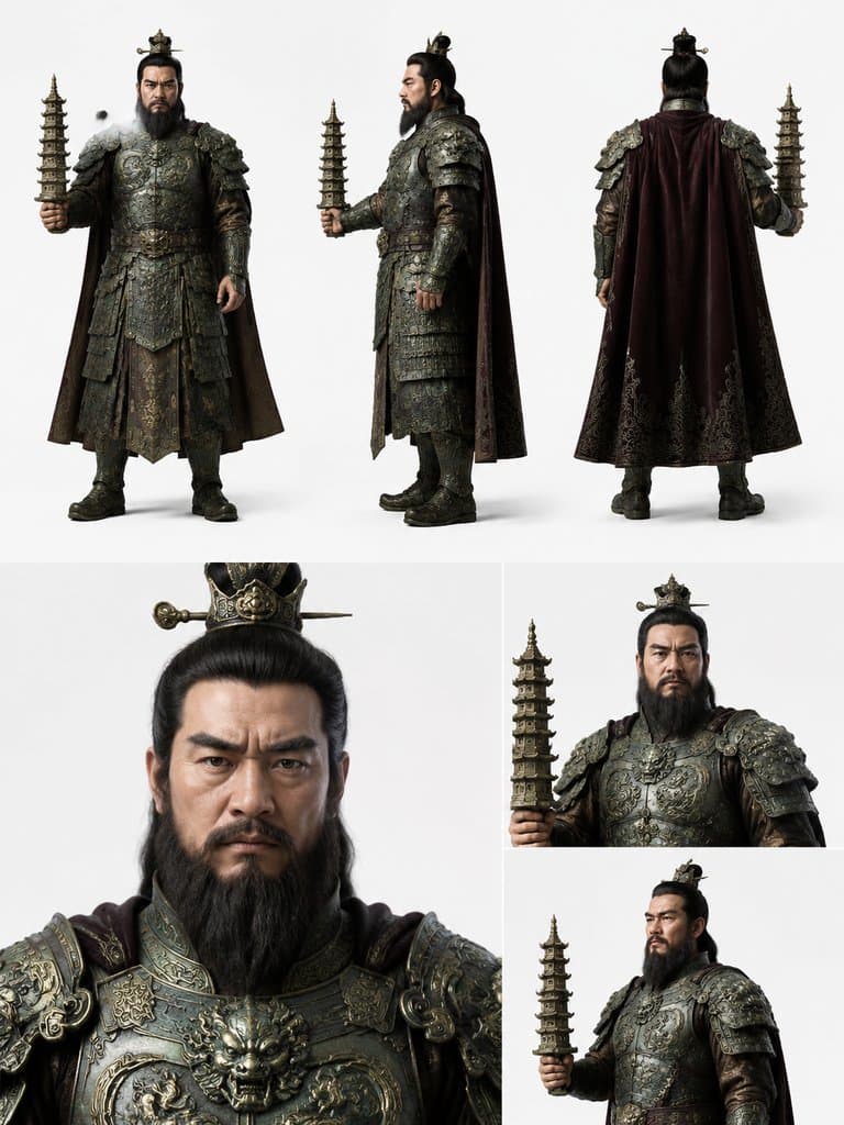 李靖身穿青铜战甲，手持玲珑宝塔，虬髯威严，商周神话写实风格角色