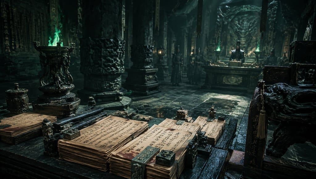 森罗殿内阴森巨柱环绕，幽绿火焰缭绕香炉，古卷堆叠于堂案，东方神话写实风格