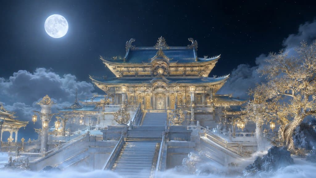 月宫广寒殿夜景，蓝金辉映的东方神话建筑，桂树环绕，满月高悬，云雾缭绕
