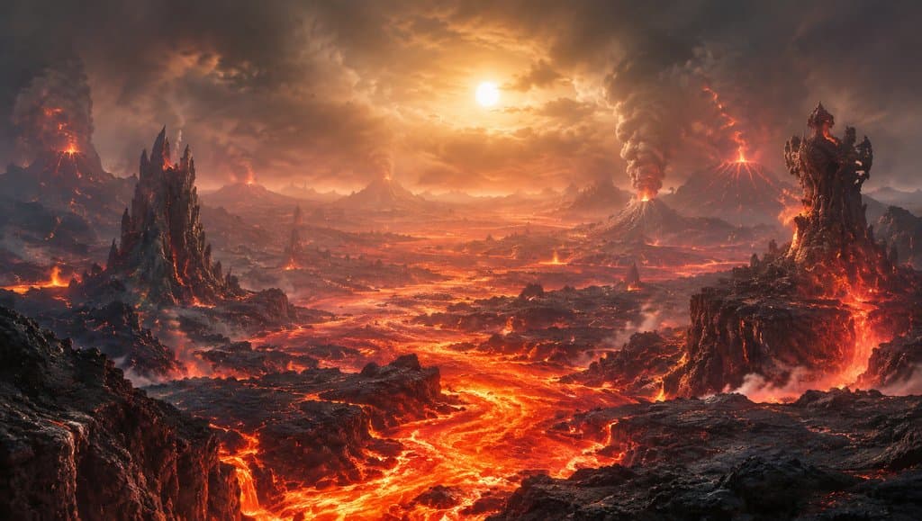 上古火山喷发，岩浆火河奔涌，黑岩嶙峋，炽烈洪荒写实场景