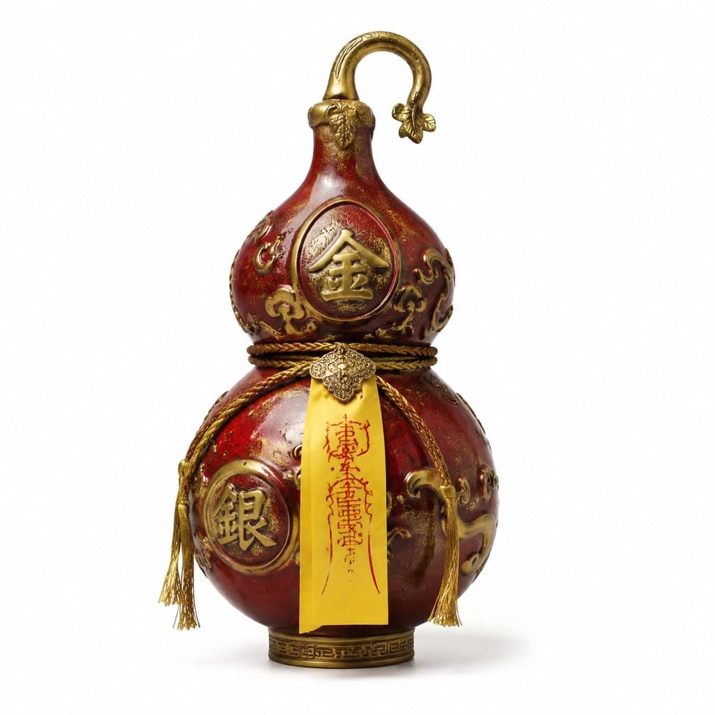 紫金红葫芦，金色装饰，挂有符咒黄布条，东方神话风格写实道具