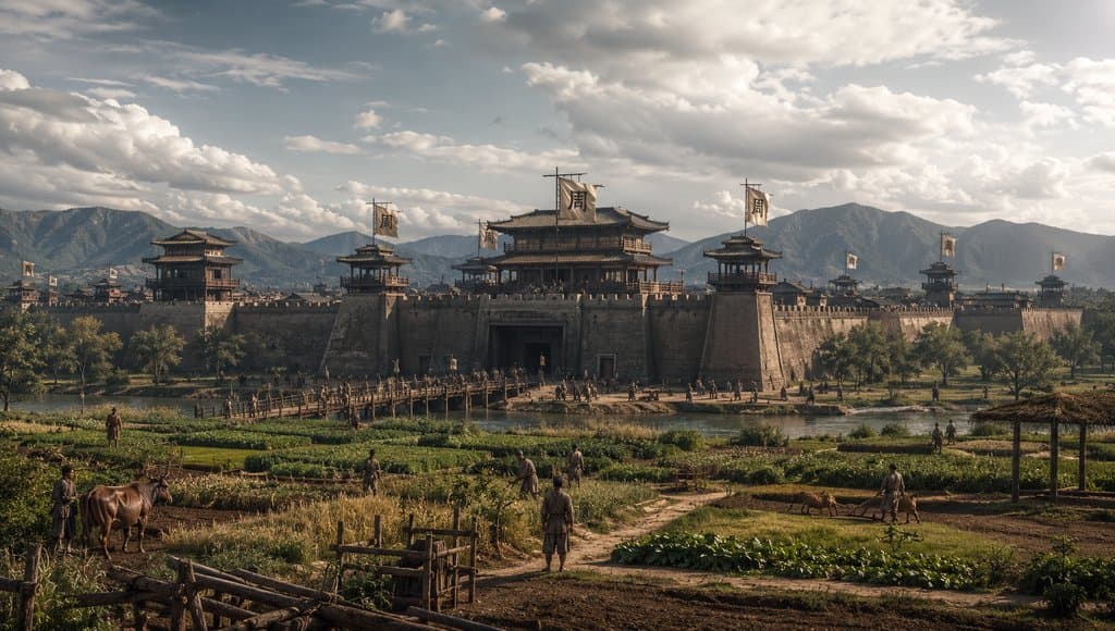 西岐城古朴城阙，农耕场景，姬周旗帜飘扬，商周神话写实风格3D场景